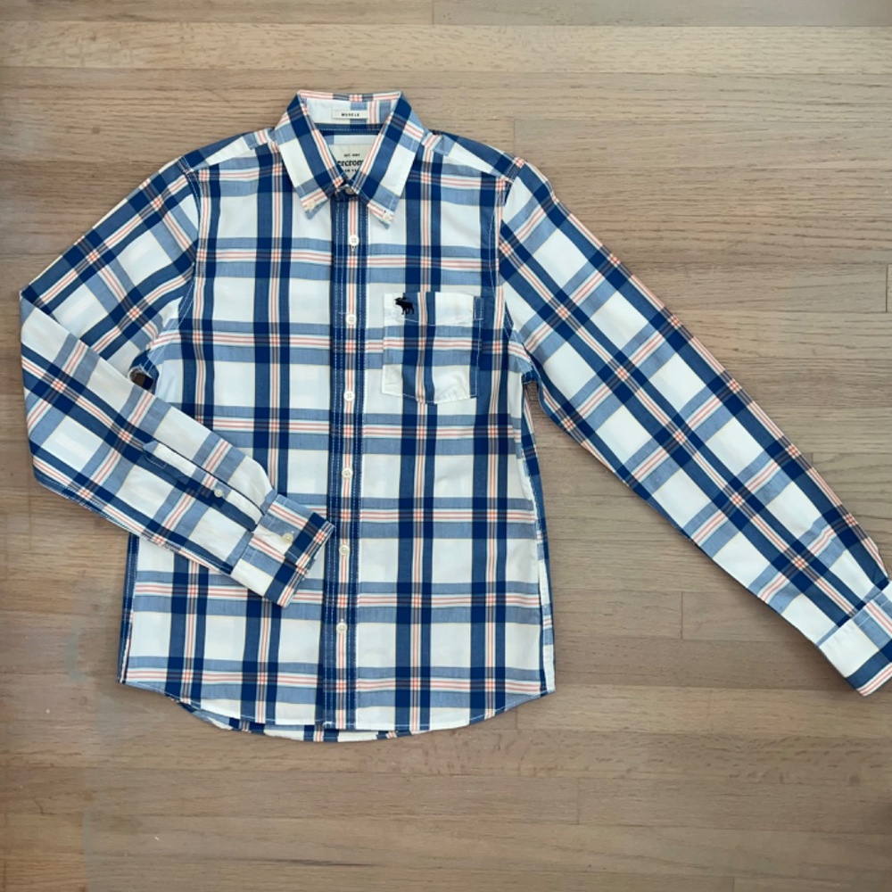 Abercrombie cotton blue orange plaid kids xl long sleeve button up shirt - Picture 2 of 3